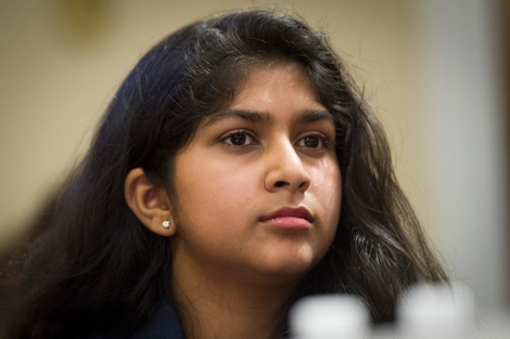 Nadia Nazar, 16, co-founder of Zero Hour Movement, sits before the committee February 6, 2019.